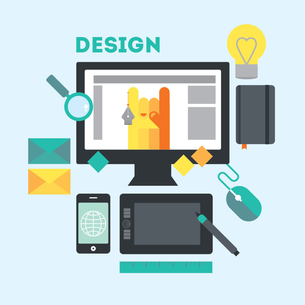 Designer's workspace and stuff. Modern workplace of web design in creative process or process of development. Modern vector illustration in flat style.